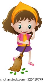 Happy girl sweeping leaves illustration