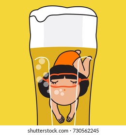 Happy Girl Swimming In A Refreshing Mug Of Beer Concept Card Character illustration