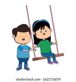 happy girl in a swing and boy over white background, vector illustration