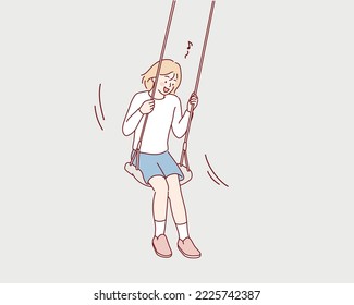  happy girl swinging on a wooden swing. Hand drawn style vector design illustrations.