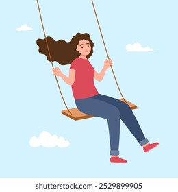 Happy girl swinging on a wooden swing in flat design.