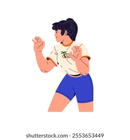 Happy girl in T shirt and shorts plays beach volleyball. Young woman in prepares, reaches hands to catch ball. person have fun on sand coast in summer. Flat isolated vector illustration on white