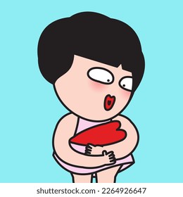 Happy Girl Is Take Hugging Red Shaped Heart. Self Care Is A Priority Concept Card Character illustration