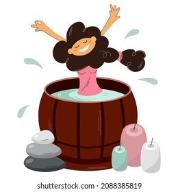 Happy girl takes spa treatments in a hot tub or wooden barrel. She is having fun in her home sauna or spa. Isolated vector trendy design. The flamboyant character bathes happily. Flat style.