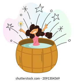 Happy girl takes spa treatments in a hot tub or wooden barrel. Funny character with sparkler on the background of fireworks. Happiness holiday joy concept. Isolated vector design. Cartoon flat style