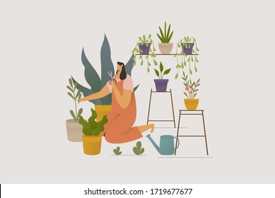 happy girl taking care of houseplants growing in planters. Young cute woman cultivating potted plants at home. Female character enjoying her hobby. Flat cartoon colorful vector illustration