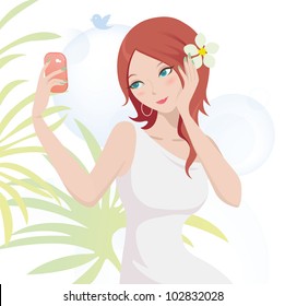 A happy girl taking a photo by herself on her vocation.