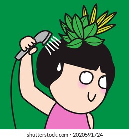 Happy Girl is taking A Shower With Shower Head And Plant Glowing On Her Head Concept Card Character illustration