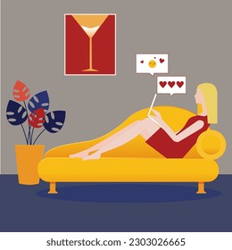 Happy girl talk on  laptop with boyfriend.  loving woman ,  virtual event on computer with male lover. Relationship on distance. Flat vector illustration. Dating apps 