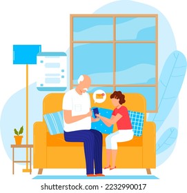 Happy girl teach grandfather use smartphone, cartoon family with elderly man, vector illustration. Old person character with granddaughter