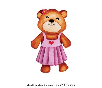Happy girl teddy bear watercolor clipart