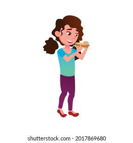 Happy Girl Teenager Eating Sandwich On Street Cartoon Vector. Happy Girl Teenager Eating Sandwich On Street Character. Isolated Flat Cartoon Illustration