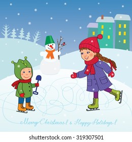 Happy girl teenager and a  little boy skating on ice is a snowman in the background house and trees, evening, snow falls, cartoon vector card with a wish - Merry Christmas