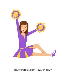 Happy girl teenager sitting with colorful pompoms. Colorful cartoon character vector Illustration