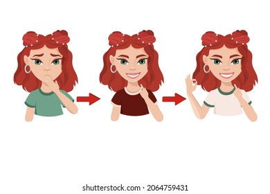 Happy girl with teeth braces. A teenage girl before installing teeth braces, in briquettes and the result after applying braces. Dental concept.  Cartoon vector illustration on the white background. 