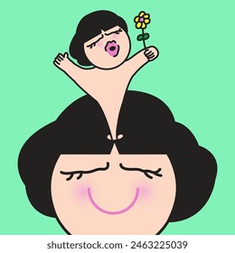 Happy Girl Thinking Positive Holding Flowers Over Her Head Concept Card Character illustration