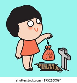 Happy Girl Throwing Bag With Word Bullshit On It Into Grave Concept Card Character illustration