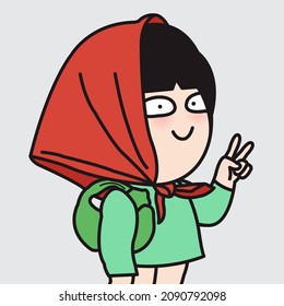 Happy Girl Tie Fashion Babushka Scarf On Her Head While Doing Victory Hand Sign Concept Card Character illustration