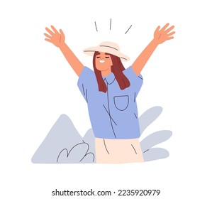 Happy girl tourist enjoying summer holiday. Young woman in hat excited about adventure, relaxing in nature on vacation, gesturing with arm up. Flat vector illustration isolated on white background