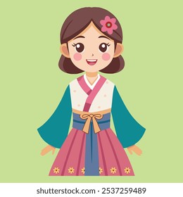 Chica feliz en vestido tradicional coreano. Una alegre ilustración de una niña vestida con un hanbok tradicional coreano, irradiando encanto cultural con un acento de flores.