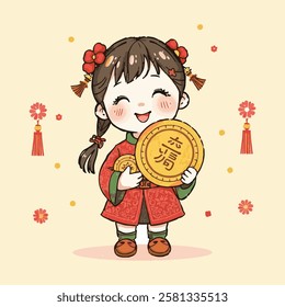 A happy girl in a traditional red outfit holds golden coins, symbolizing luck and prosperity. The background has festive decorations, creating a joyful atmosphere.