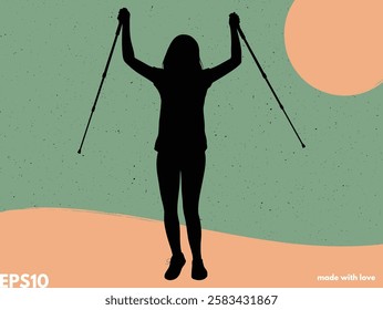 Happy girl with trekking poles silhouette. Vector abstract background