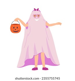 Happy girl in trendy ghost costume trick or treat pumpkin. Halloween holiday party children creepy celebration in kindergarten or school. Vector illustration isolated on white background