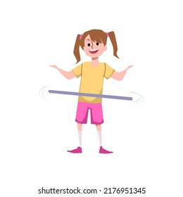 Happy girl twisting hula hoop, flat vector illustration isolated on white background. Cute child goes in for sports. Concepts of gymnastics, physical education and sports classes at school.