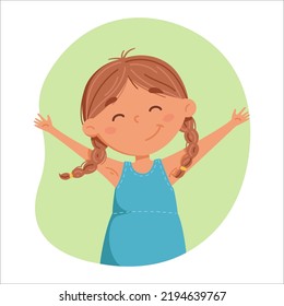 Happy Girl With Two Braids Cartoon Illustration. Cute Baby In A Friendly Pose. Vector Illustration Isolated On Colorful Background. Ideal For Kids Posters And Cards