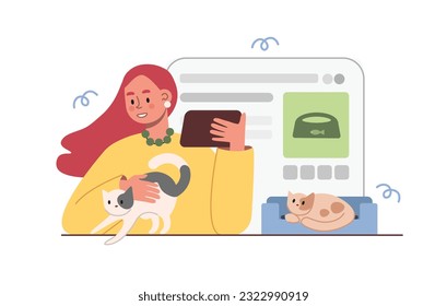 Happy girl with two cats chooses new cot for them online. Young people making purchases over internet. Digital environment and mobile applications for shopping. Vector