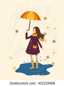 Happy girl with umbrella on the rainy background. Rain and smiling girl with umbrella.