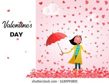 Happy girl with umbrella standing among hearts falling from sky.