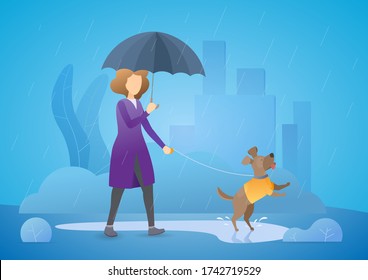 Happy girl with umbrella walking her dog and enjoying rainy day. Jumping pet on leash on puddle. Vector flat illustration concept on blue background.