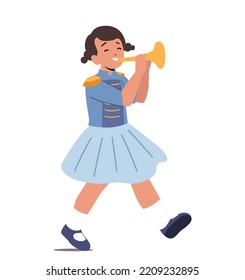 Happy Girl In Uniform Play Festival Music With Horn During Parade Marching, Fair Or School Concert. Kid Character With Instrument Isolated On White Background. Cartoon People Vector Illustration