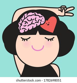 Happy Girl With Unite Heart And Brain Together Concept Card Character illustration
