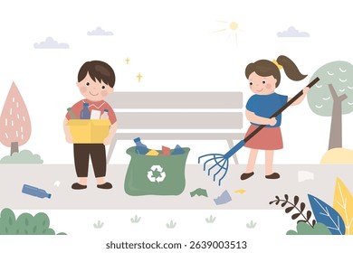 Happy girl uses rake and taking garbage into bag cleaning up in garden or park. Waste recycling. Team of kids sweeping up trash. Environmental protection. Eco friendly, concept. vector illustration
