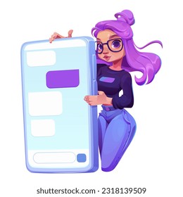 Chica feliz usando un mensaje de pantalla completa de un teléfono grande. Icono de teléfono con persona clipart aislada en el fondo. Diseño de publicidad en sitios web de personaje femenino joven sosteniendo un celular con promociones