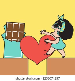 Happy Girl Using A Huge Heart To Cross Over Precipice Between Two Rocky Mountains To Get Favourite Chocolate Bar. Concept Of Chocolate Lovers Or Sweet Mania Card Character illustration