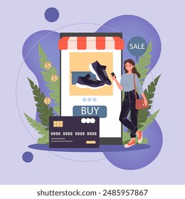 Happy girl using mobile phone for online shopping vector illustration. Female customer ordering sneakers via internet with discount. Electronic commerce, internet shopping concept