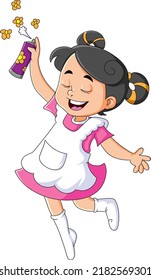 The happy girl is very excited to spray the fragrant while jumping of illustration