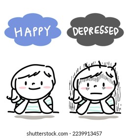 Happy Girl vs. Depressed  Girl. Concept of people with feeling good vs. feeling bad. Set of woman with happy emotion and angry emotion. Concept of dealing with positive and negative emotion in child.