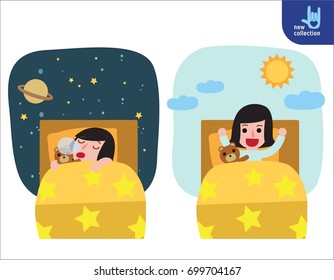 happy girl wake up on the stretching bed.
and sleeping. good morning and good night.
People healthy lifestyle concept.
Vector flat style cartoon character design illustration
Isolated
