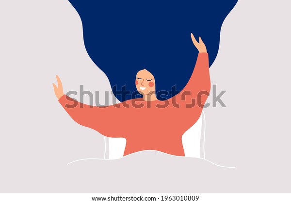 Happy girl wakes up and feels good yourself. Smile woman\
makes morning stretch in the bed. Body positive and health care\
concept. 