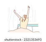 Happy girl waking up in the morning sunshine looking at sunrise sun in window excited to enjoy the day. Hand drawn style vector design illustrations.