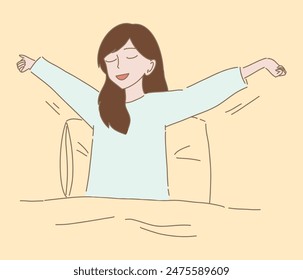 Happy girl waking up in the morning. Young woman stretching in bed. Hand drawn flat cartoon character vector illustration.