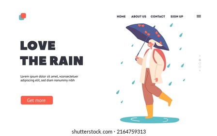 Happy Girl Walk under Umbrella at Rain Landing Page Template. Female Character in Warm Clothes and Rubber Boots with Backpack Walking at Rainy Weather to School. Cartoon People Vector Illustration