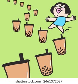 Glückliches Mädchen, das den Weg mit vielen Tassen Bubble Milk Tea Concept Card Charakter Illustration entlang geht