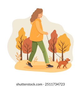 Menina feliz caminhando com o cachorro no parque do outono. Ilustração vetorial em estilo plano. Conceito de repouso e saúde mental