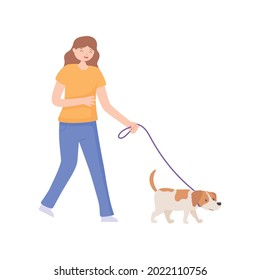 happy girl walking with dog isolated