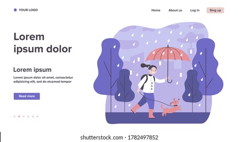 Happy girl walking dog in rain. Person with umbrella, pet, city park flat vector illustration. Animal care, autumn, outdoor activity concept for banner, website design or landing web page